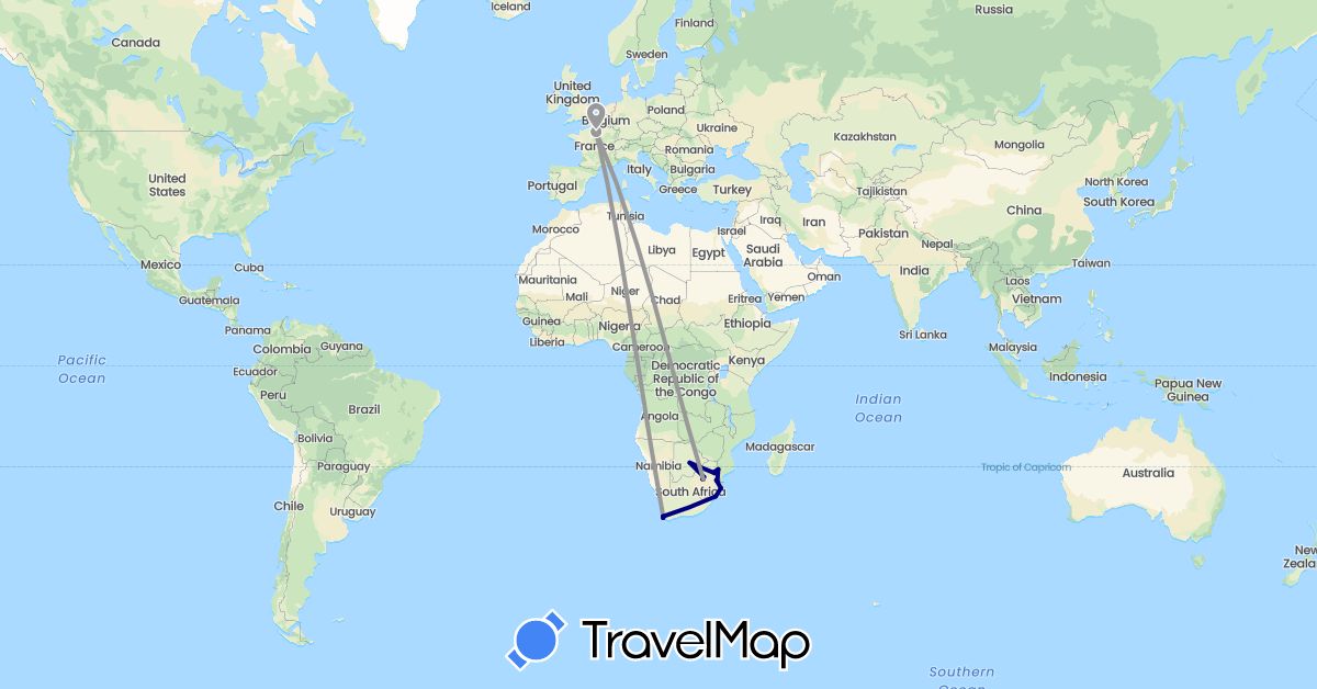 TravelMap itinerary: driving, plane in Botswana, France, Swaziland, South Africa (Africa, Europe)